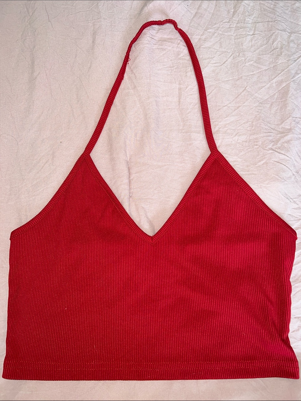 SHEIN Red Ribbed V-Neck Halter Crop Top